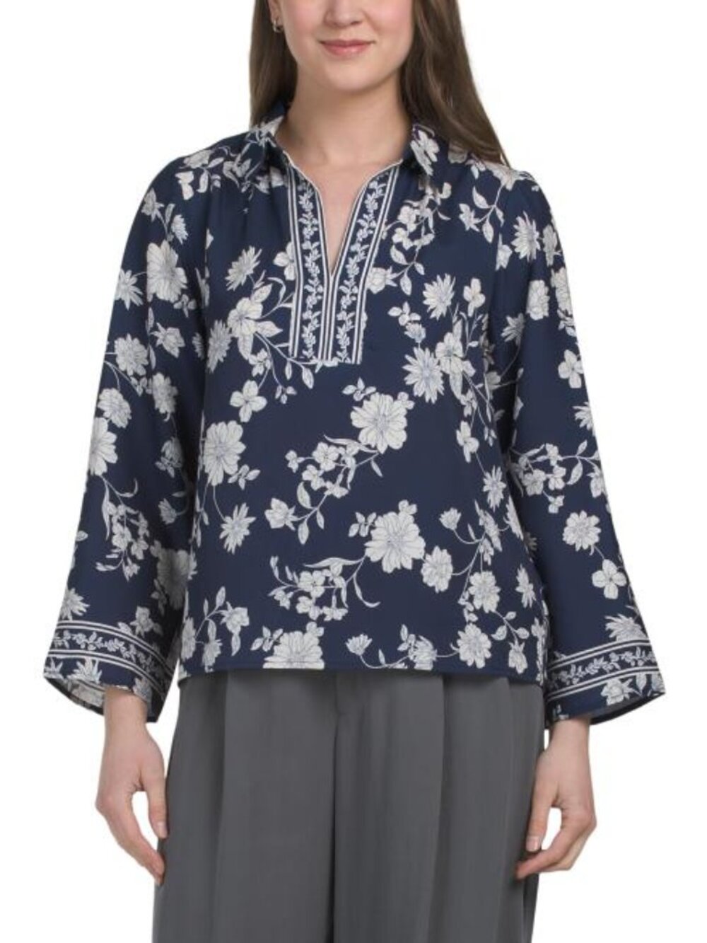 M MAGASCHONI Long Sleeve Floral Split Neck Top